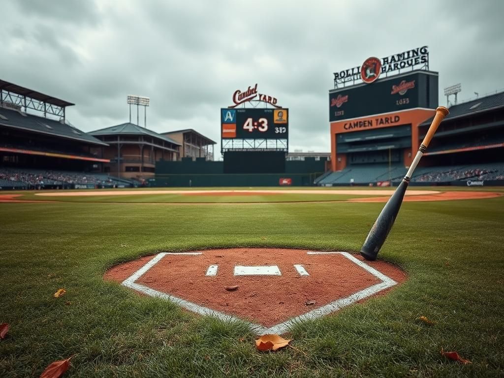 Flick International A moody, overcast baseball field at Camden Yards with the iconic warehouse in the background