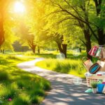 Flick International A peaceful outdoor scene depicting a sunlit pathway surrounded by vibrant trees and wildflowers, emphasizing daily walking.