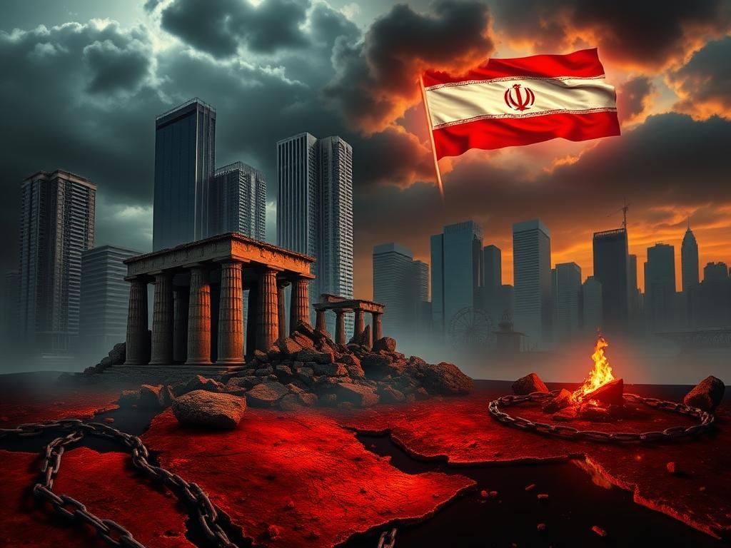 Flick International Crumbling ancient structure of Iran contrasted with modern skyscrapers symbolizing the U.S.