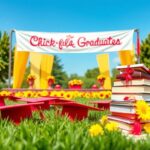 Flick International Graduation scene with Chick-fil-A branding and colorful caps on grass