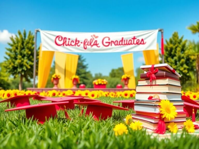 Flick International Graduation scene with Chick-fil-A branding and colorful caps on grass