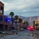 Flick International Aftermath of explosion in Palm Springs with damaged buildings and debris