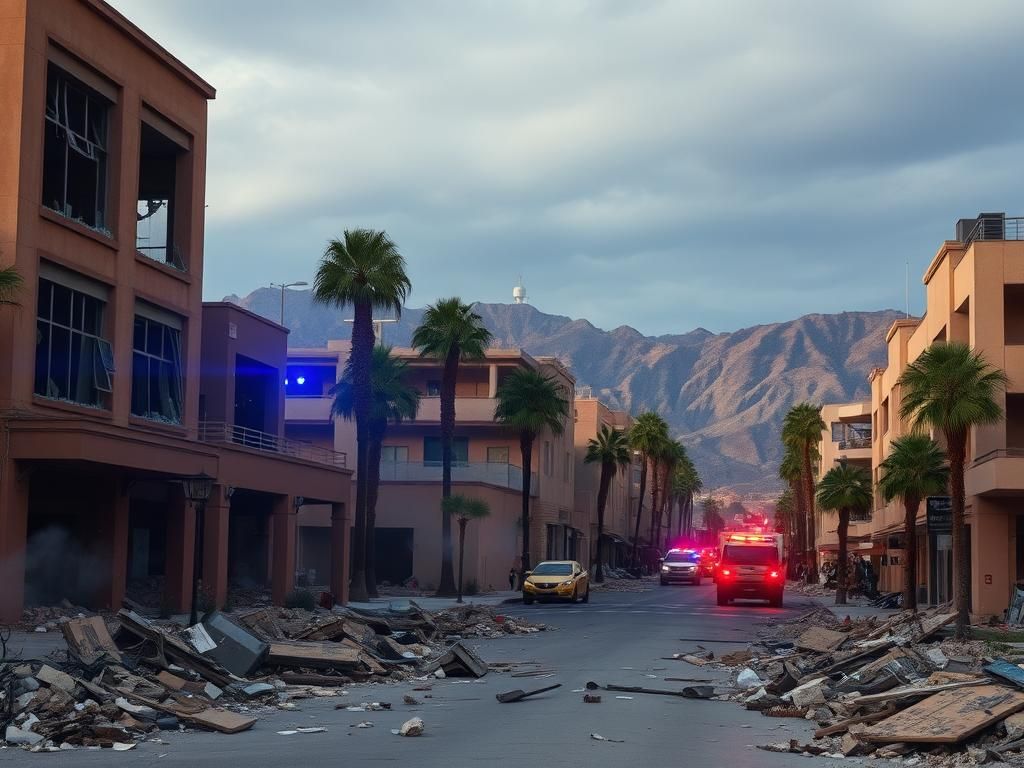 Flick International Aftermath of explosion in Palm Springs with damaged buildings and debris