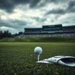 Flick International A dramatic view of a golf ball on a tee with dark clouds overhead at the PGA Championship