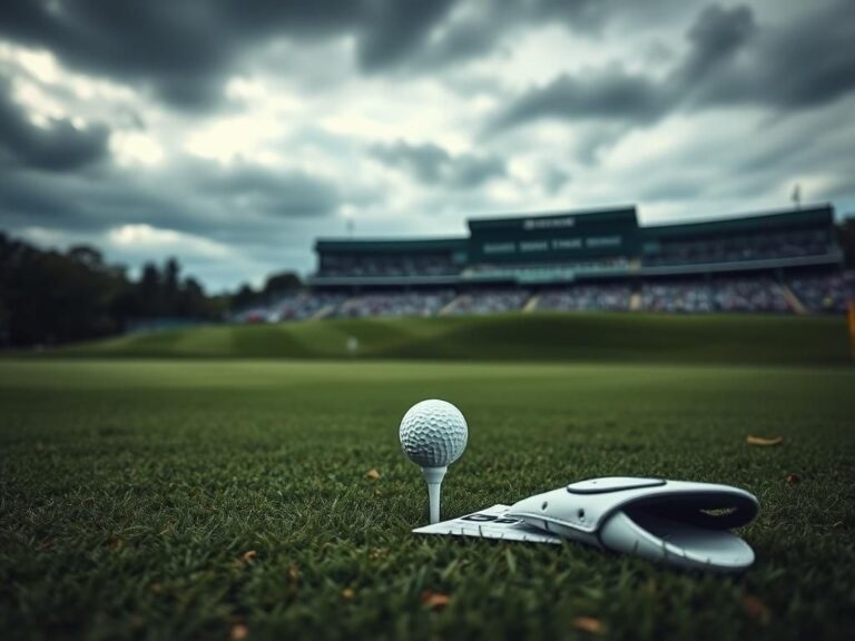 Flick International A dramatic view of a golf ball on a tee with dark clouds overhead at the PGA Championship