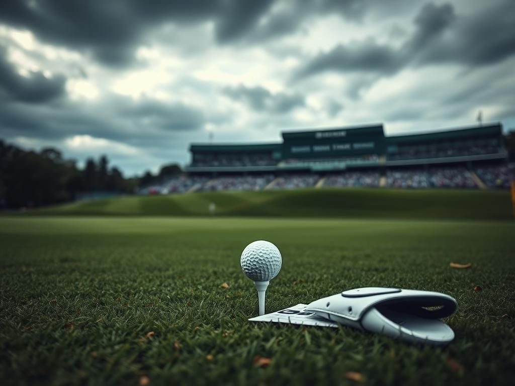 Flick International A dramatic view of a golf ball on a tee with dark clouds overhead at the PGA Championship