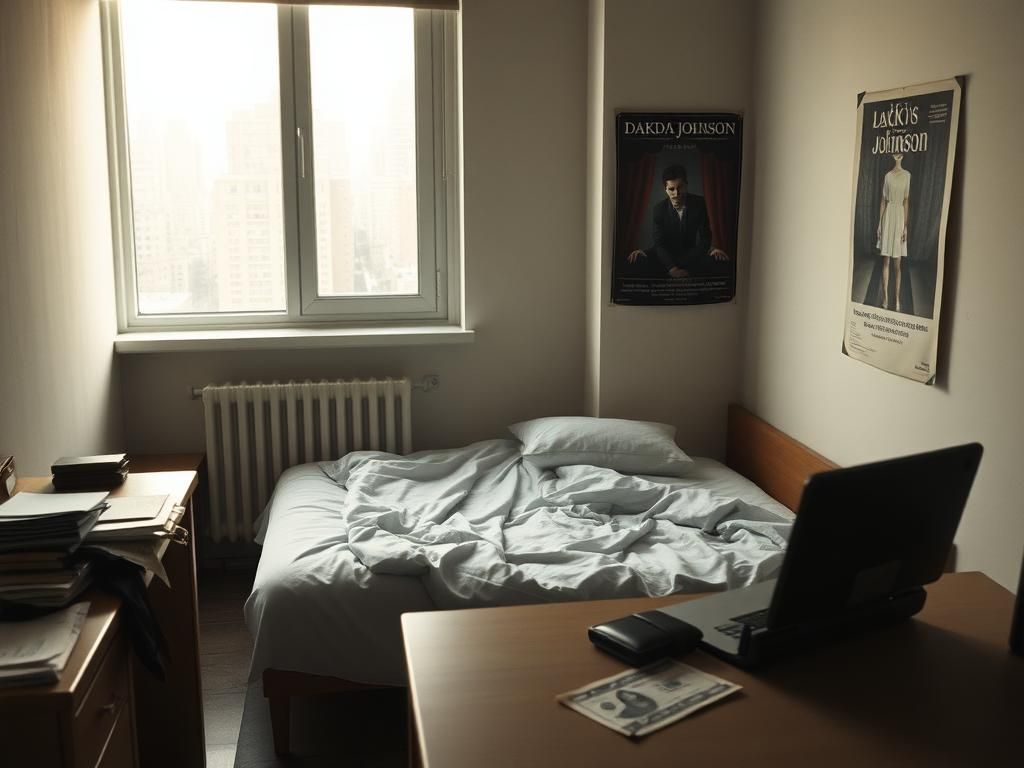Flick International A minimalist urban scene depicting a modest apartment illustrating financial struggles