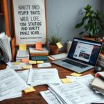 Flick International Cluttered workspace with job application materials and motivational poster