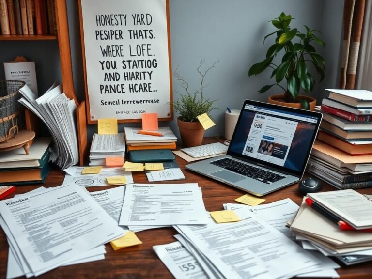 Flick International Cluttered workspace with job application materials and motivational poster