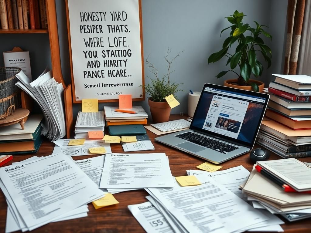 Flick International Cluttered workspace with job application materials and motivational poster