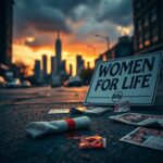 Flick International Blood-stained bandage on street next to protest sign