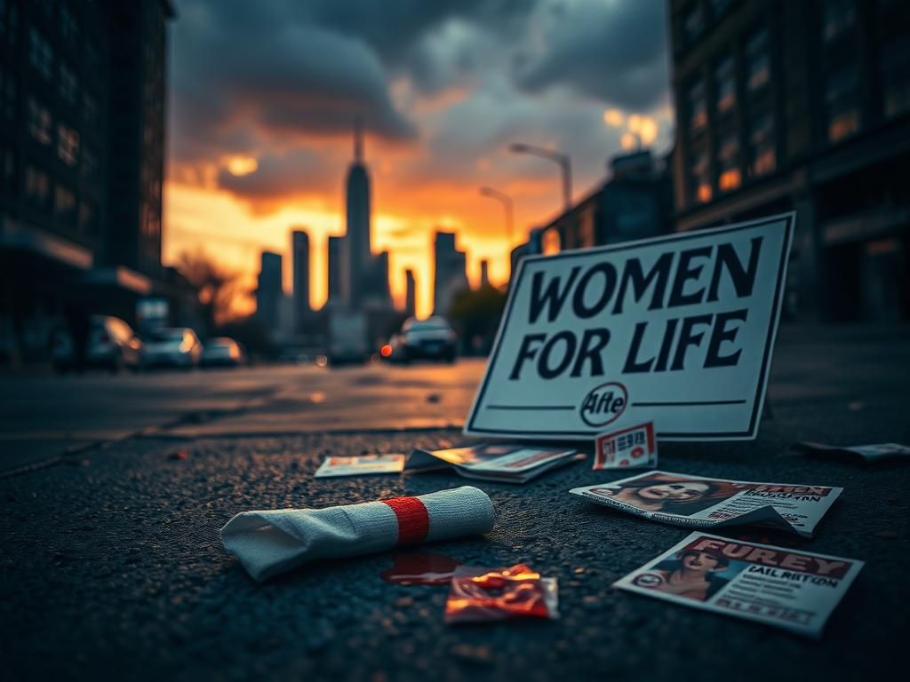 Flick International Blood-stained bandage on street next to protest sign