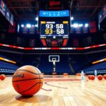 Flick International A vibrant basketball court set in an indoor arena with the scoreboard showing 93-58 in favor of the Indiana Fever.