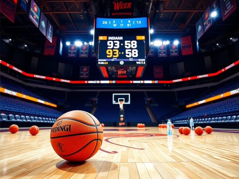 Flick International A vibrant basketball court set in an indoor arena with the scoreboard showing 93-58 in favor of the Indiana Fever.