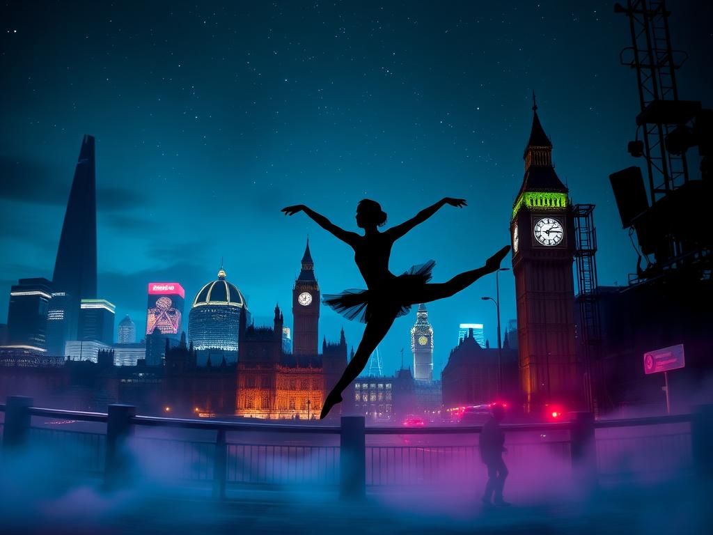 Flick International A dynamic urban night scene of London featuring iconic landmarks and a silhouetted ballerina.