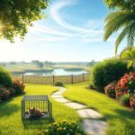 Flick International A serene suburban landscape in Florida with a winding pathway symbolizing George the cat's journey home.