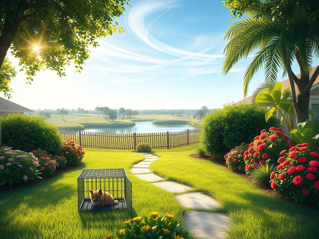 Flick International A serene suburban landscape in Florida with a winding pathway symbolizing George the cat's journey home.