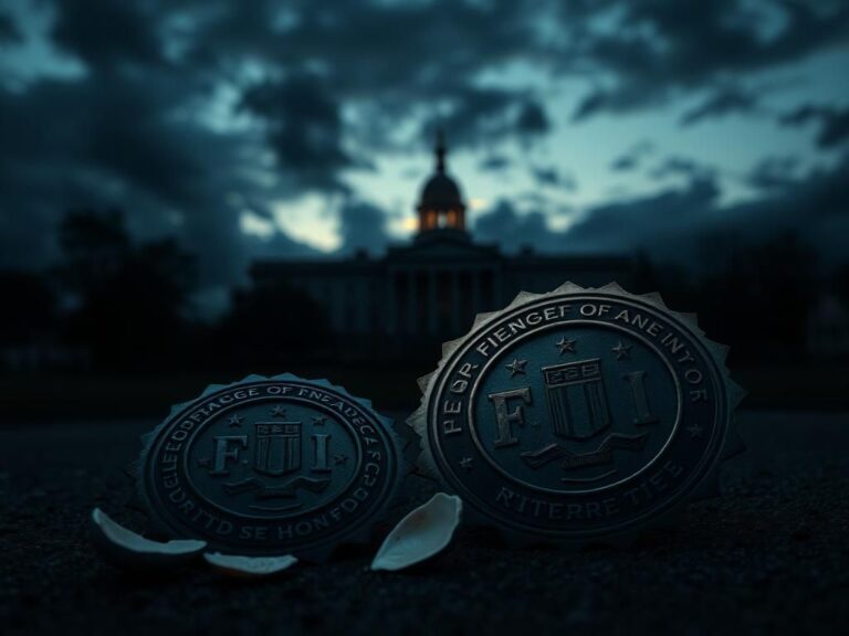 Flick International Shadowy silhouette of the FBI building with an oversized tarnished badge in the foreground
