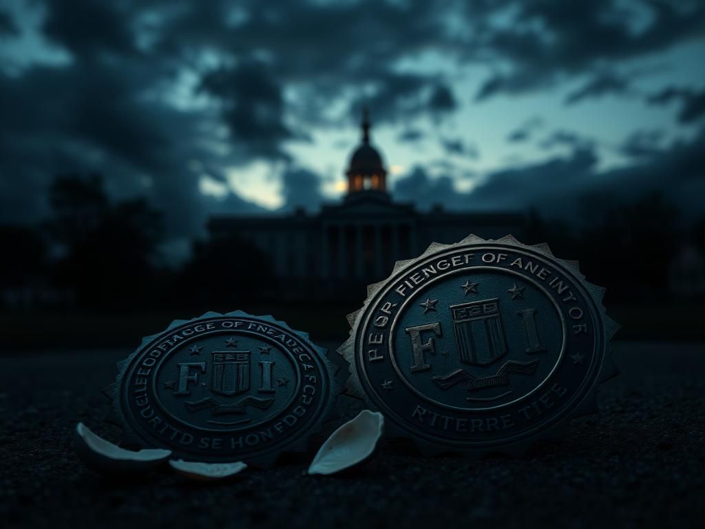 Flick International Shadowy silhouette of the FBI building with an oversized tarnished badge in the foreground