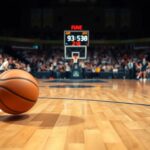Flick International Close-up of a basketball mid-air above a court showing intense game action