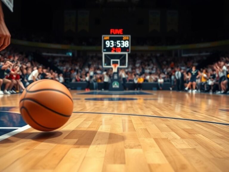 Flick International Close-up of a basketball mid-air above a court showing intense game action