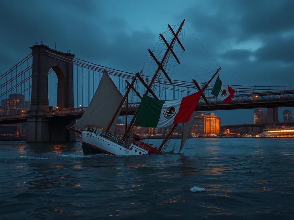 Flick International Massive Mexican Navy ship Cuauhtémoc colliding with Brooklyn Bridge