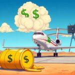 Flick International Colorful illustration of an extravagant private jet with national flags on a desert runway