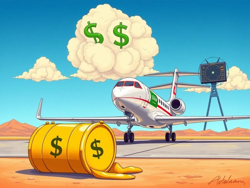 Flick International Colorful illustration of an extravagant private jet with national flags on a desert runway