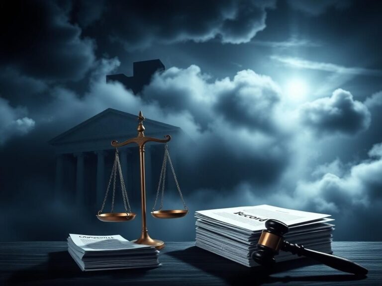 Flick International Courthouse enveloped in fog with scales of justice and legal documents