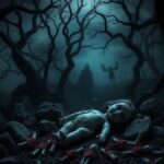 Flick International A haunting scene of a shadowy forest with a broken doll symbolizing lost innocence.