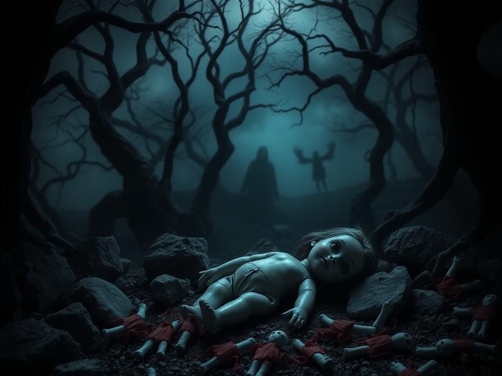 Flick International A haunting scene of a shadowy forest with a broken doll symbolizing lost innocence.