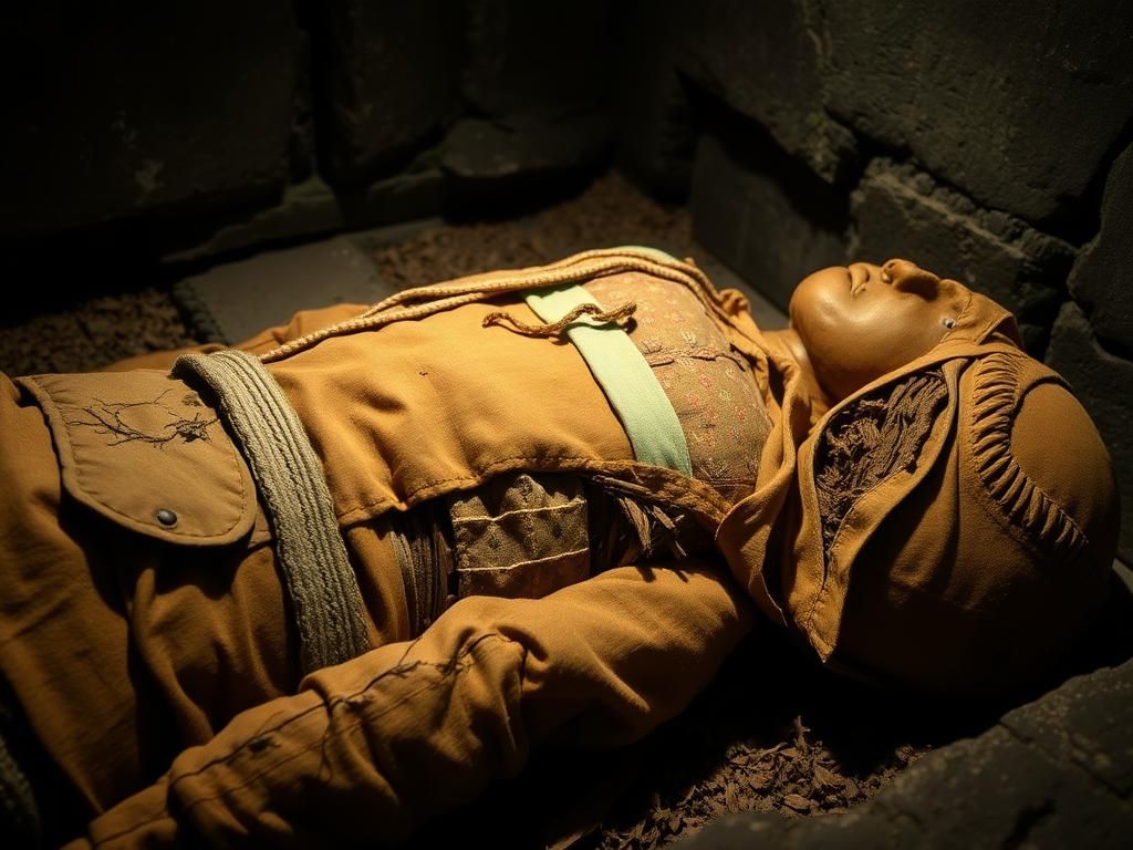 Flick International Close-up view of an 18th-century mummy showcasing its preserved midsection and unique embalming elements.
