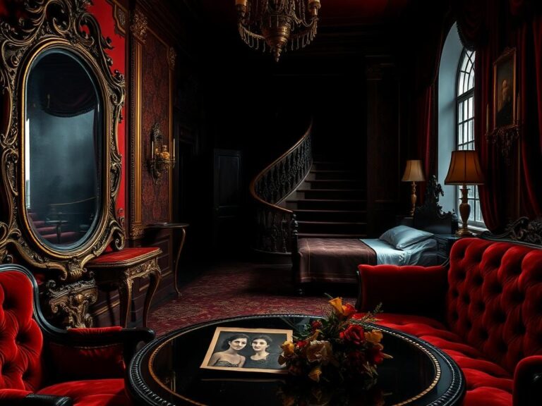 Flick International Dimly lit opulent room with antique mirror and wilted flowers