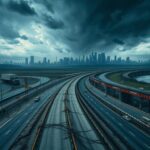 Flick International Abstract representation of unfinished transportation infrastructure under a stormy sky