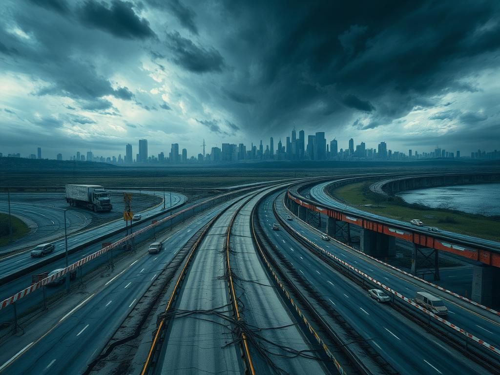 Flick International Abstract representation of unfinished transportation infrastructure under a stormy sky