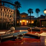 Flick International An old silver .38-caliber snub-nosed pistol rests on a polished wooden table in a vintage Hollywood setting.