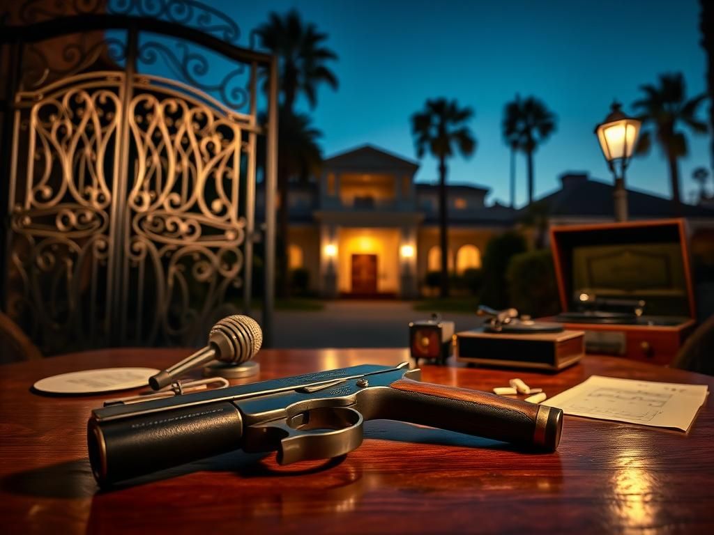 Flick International An old silver .38-caliber snub-nosed pistol rests on a polished wooden table in a vintage Hollywood setting.