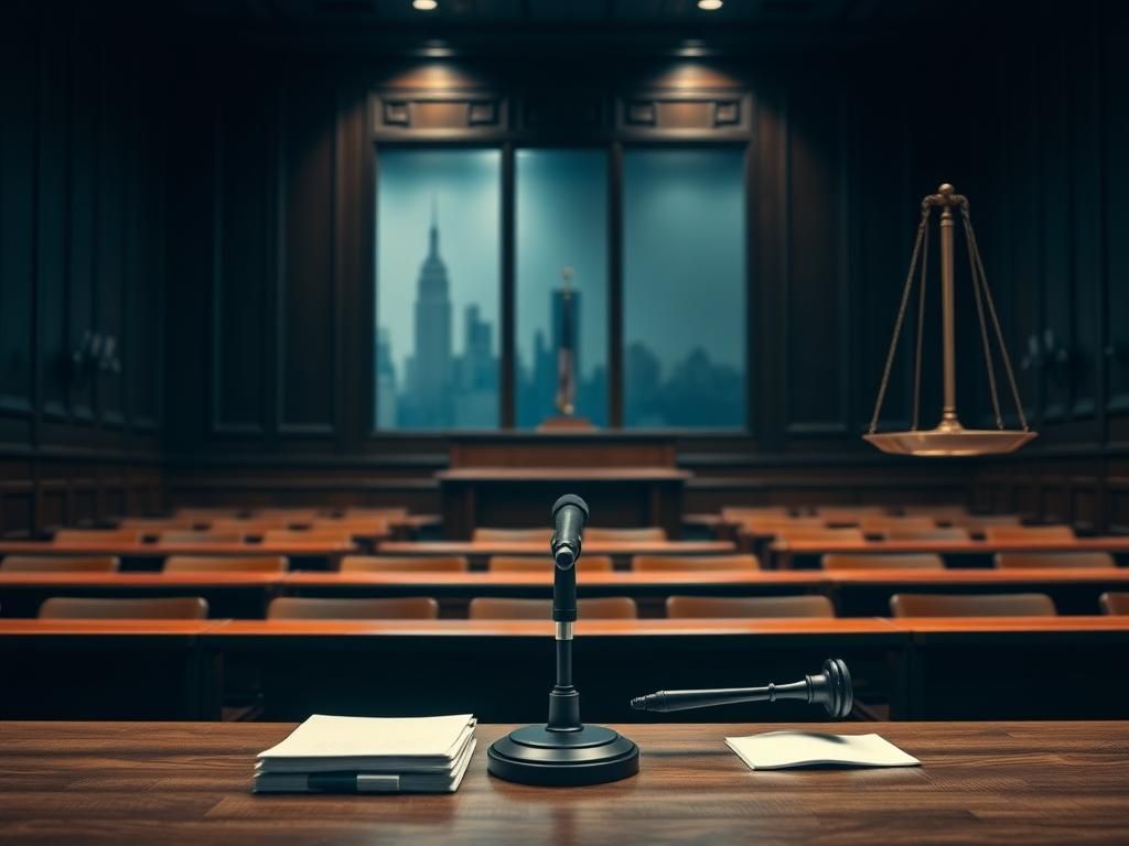 Flick International A dimly lit courtroom symbolizing the tense legal proceedings of Diddy's sex-trafficking trial