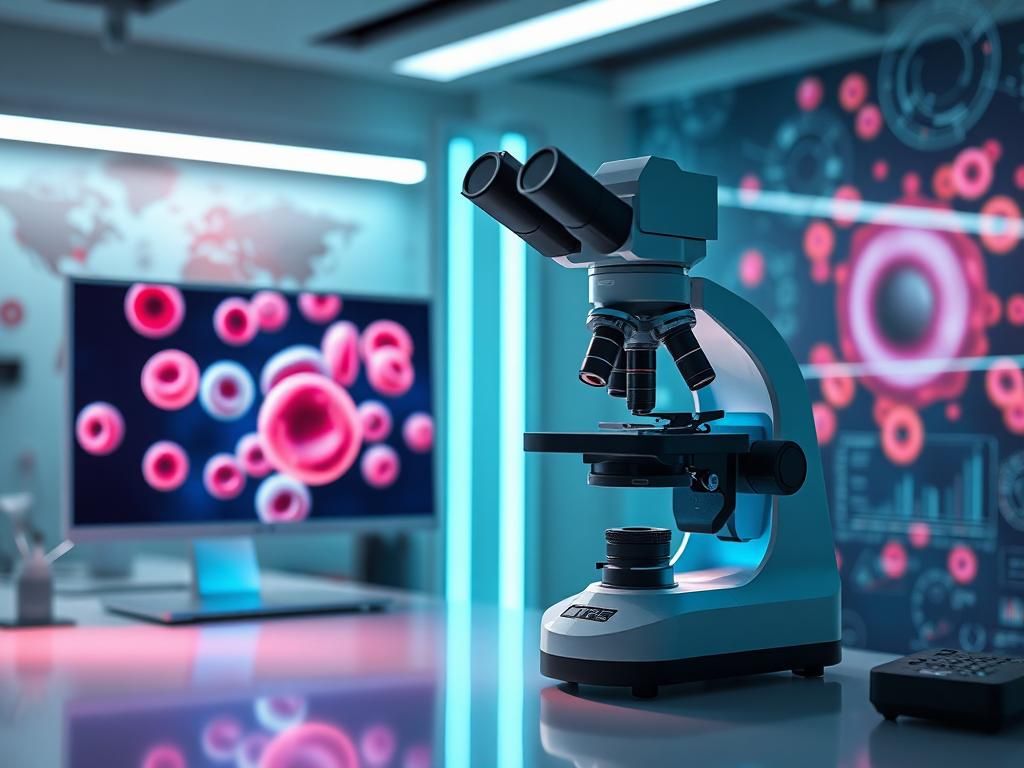 Flick International Advanced microscope in a high-tech lab with blood cell visualizations
