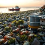 Flick International Clusters of invasive green crabs crawling over rocks in a serene New England coastal scene at dawn
