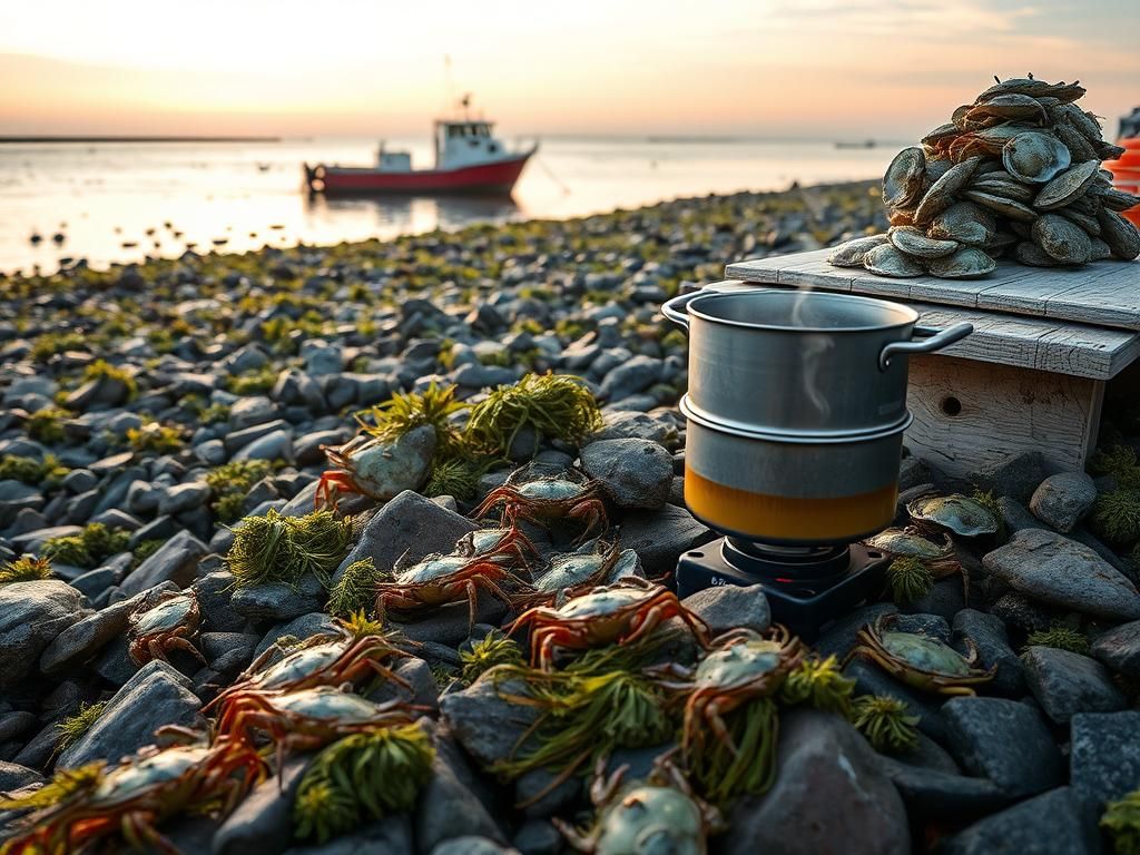 Flick International Clusters of invasive green crabs crawling over rocks in a serene New England coastal scene at dawn
