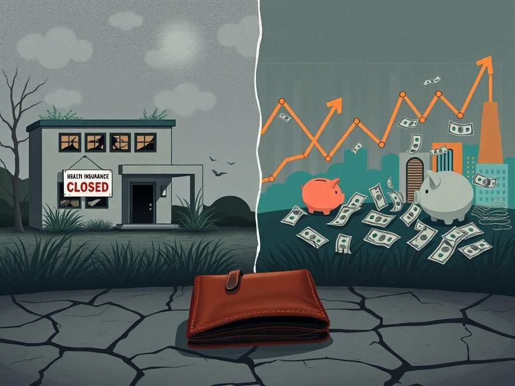 Flick International Abstract illustration of a split landscape highlighting the potential consequences of economic instability on health insurance.