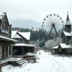 Flick International Abandoned Wild West theme park in rural Japan covered in snow