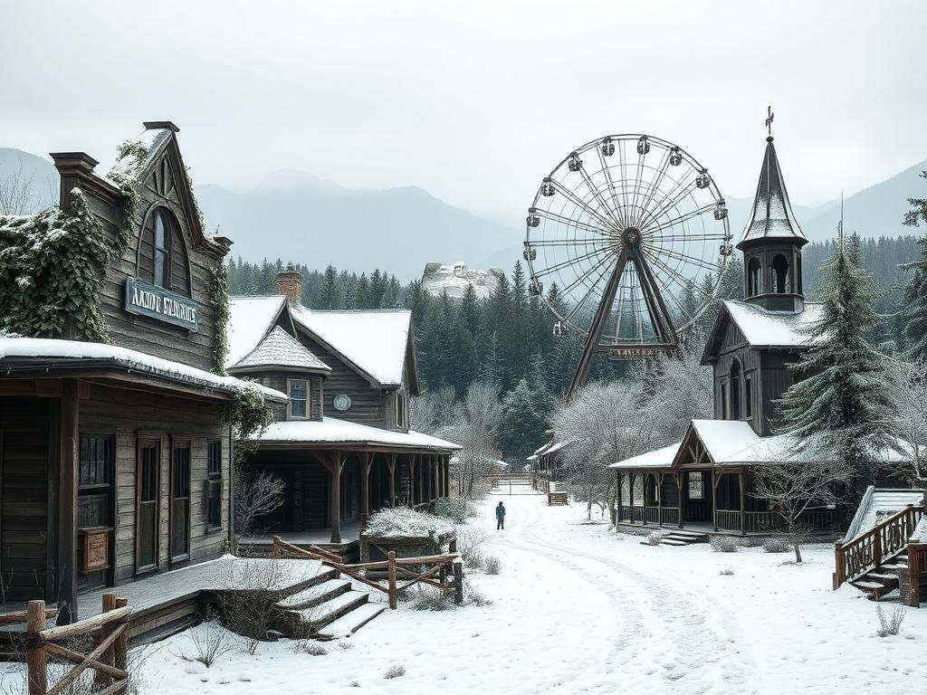 Flick International Abandoned Wild West theme park in rural Japan covered in snow
