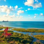 Flick International A panoramic view of the Gulf of Mexico featuring oil rigs and an LNG export facility.