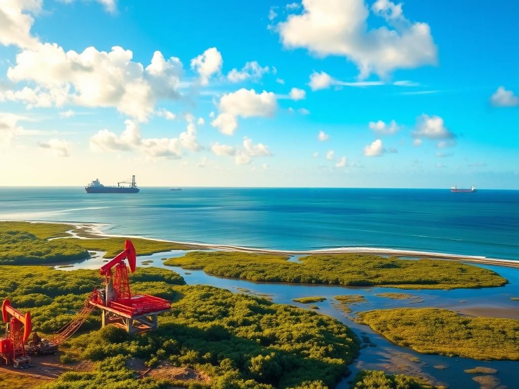Flick International A panoramic view of the Gulf of Mexico featuring oil rigs and an LNG export facility.