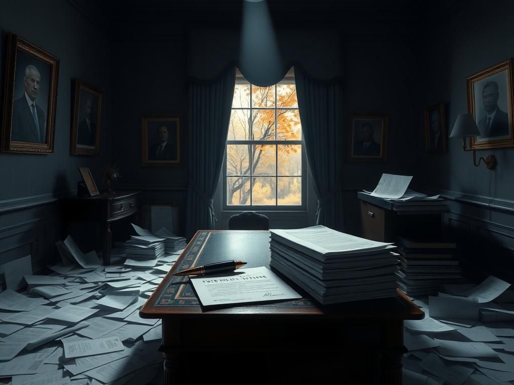 Flick International A dimly-lit presidential desk with autopen and unsigned pardons