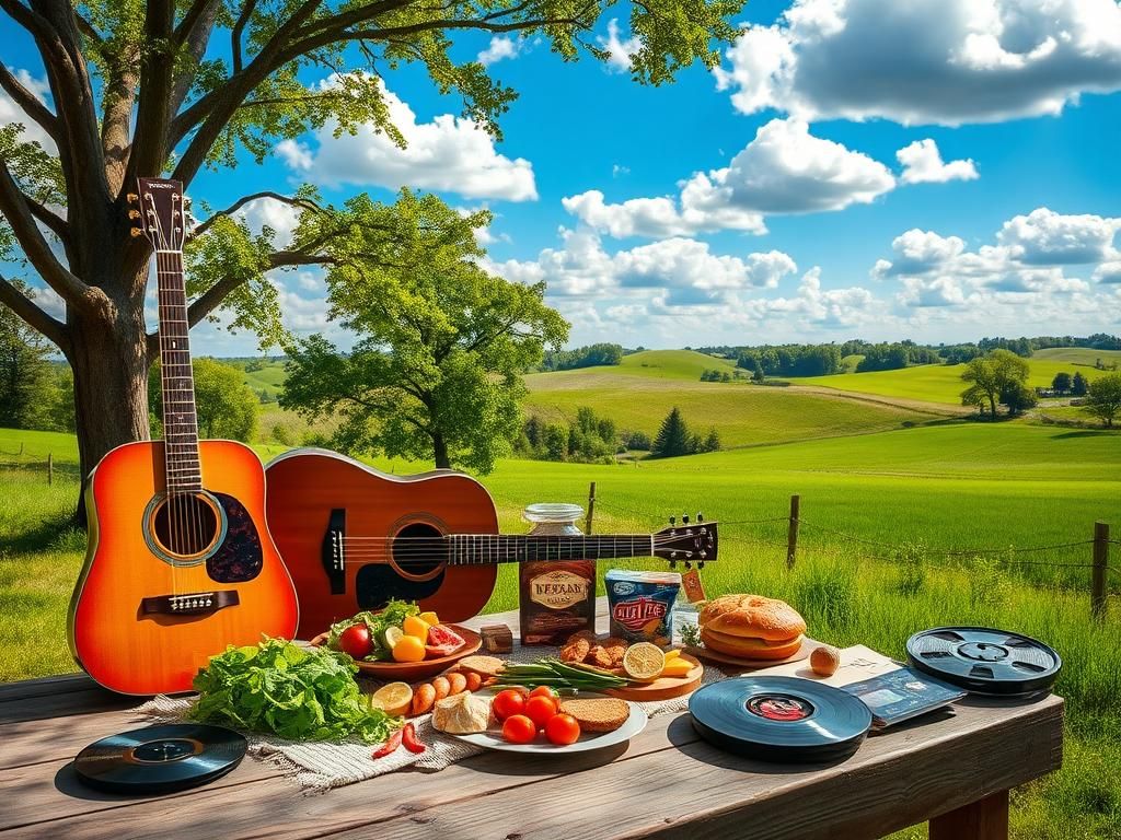 Flick International Acoustic guitar and picnic spread representing American culture