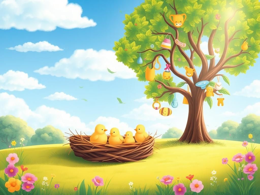 Flick International Illustration of a nurturing landscape symbolizing family and parenting with a large nest and baby animals