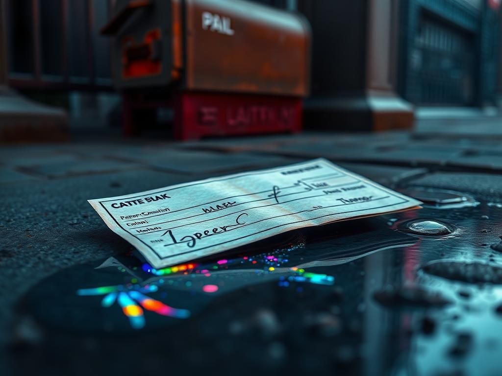 Flick International A discarded check on a sidewalk partially submerged in a puddle with chemical stains